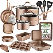 20-Piece Nonstick Kitchen Cookware Set - PTFE/PFOA/PFOS-Free Heat Resistant Kitchen Ware Pots Baking Pan Set w/Saucepan, Frying Pans, Cooking Pots, Oven Pot, Lids, Matt Gold NutriChef