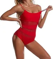 [Generic] Women Sexy One Piece Swimsuits U Neck Padded Mesh High Waisted Bathing Suits Printing Spaghetti Strap Cutout Swimwear