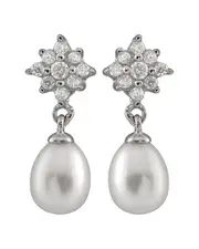 Splendid Pearls Rhodium Plated Silver 6.5-7mm Freshwater Pearl & CZ Drop Earrings