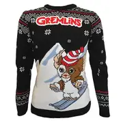Gremlins Unisex Adult Skiing Gizmo Knitted Christmas Jumper Black/White S