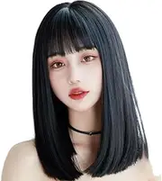 black Straight Synthetic Wigs with Bangs Silky Shoulder Length Heat Resistant Wig Fiber Hair for Women Cosplay or Daily Wear Black