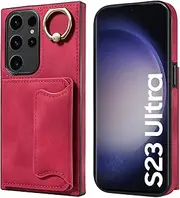 Smartphone Back Case Compatible with Samsung Galaxy S23 Ultra Wallet Case Leather Protective Case with Card Holder, 360° Rotation Ring Kickstand PU Leather Double Magnetic Clasp Shockproof Cover Cover