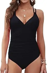 [TEMKIN] Women's Tummy Control One Piece Swimming Costume Deep V Neck Swimsuit Sexy Swimwear