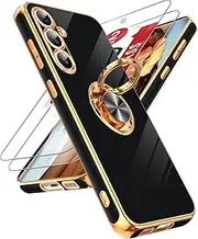 [LeYi] for Samsung Galaxy S23-FE Case: Samsung S23 FE Case with [2 Packs] Tempered Screen Protector, 360°Rotatable Ring Magnetic Kickstand, Plating Edge Protective Case for Galaxy S23FE/ S 23 FE, Black