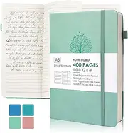HOMEBOBO Journals for Writing, A5 Leather Ruled Notebook with 400 Pages, 100 Gms College Ruled Journal with Thick Paper, Hardcover with Inner Pocket & Pen Holder, Bluish Green