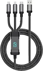 Multi Charging Cable 120W, 3 in 1 4FT USB Cable Fast Charging with LED Display, Nylon Braided Multiple Universal Charger Cord with i-Phone,Type-C, Micro USB Port for iPhone Cell Phones (1, 1.2M)
