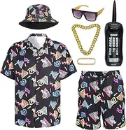 [FEELJAM] 80s 90s Outfit for Men, Retro Hawaiian Shirts and Shorts Set,Hip Hop Sportswear 7Pcsfor Disco Party