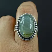 Proposal Women Ring Natural Labradorite Oval Gemstone 925 Sterling Silver