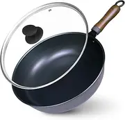 Wok 11.8 Inch with Lid - Carbon Steel Nonstick Light Weight Deep Bottom Frypan/Saucepan/Skillet, No Coating, for Deep Frying Pan Frying Stewing Grilling, Healthy Meal, Fast Heat