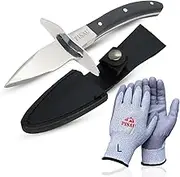PISAU Oyster Knife Shucking Set- High Performance Level 5 Protection Food Grade Cut Resistant Gloves with Wooden Handle and Stainless steel Oyster Knife, perfect set for shucking oysters (Black)