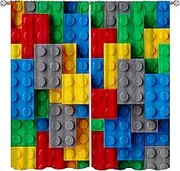 Kids Boys Curtains for Bedroom, Building Blocks Toys Window Treatments Colorful Plastic Brick Geometric Print Pattern Abstract Contour Blackout Drapes for Nursery Living Room,42x45 Inch