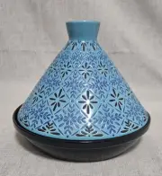 Blue Stamped Tile Pattern Geometric Floral Terracotta Tagine 11 inches