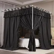 NXGIO 4 Corners Post Princess Ruffle Curtain Bed Canopy Lace Up Elastic Cozy Breathable Tent Mosquito Net for Girls Bedroom Decoration(Black, 47-53" W*78" L*82"*H/Full)