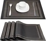 DACHUI Placemats Set of 8, Linen Look Woven Place Mats, Water Resistant, Heat Resistant, Washable, Durable Table Mats (Black Gold)