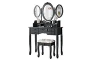 Giantex Vanity Table Set w/Mirrors Dressing Makeup Table & Cushioned Stool Set 7 Drawers Open Shelf