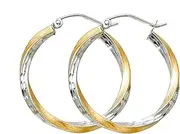 [JewelryWeb] 14k Yellow Gold and White Gold Sf Sparkle Cut 2.6mm Swirl Hoop 25mm Earrings-Hoop Earring for Women