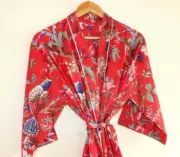 Bird Print Robe Full Length 3/4 Sleeve Red nightdress 100% Cotton Kimono Dress