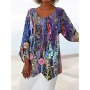 Women's Blouse Floral Graphic Hawaiian Stylish Casual Long Sleeve V Neck Regular Tops Daily Holiday Going out Print Blue Purple Summer Spring