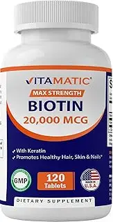 Vitamatic High Potency Biotin 20000 mcg (20mg) with Keratin 100mg - 120 Vegetarian Tablets - Biotin Supplements for Healthy Hair Skin & Nails for Adults