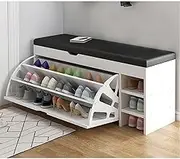 Shoe Storage Bench for Entryway, 3 Tier Shoe Rack with Cushioned Seat, Shoe Bench with Flip-up Drawer and Side Open Storage, Space Saving Hallway Cabinet(White)
