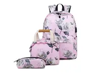 B03 3PCS Girls Print Backpack Small Fresh Backpack Portable School Bag Computer Bag Lunch Insulation Backpack-Pink