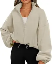 Famulily Womens Cropped Fleece Sweatshirt Long Sleeve Zip Up Crop Workout Tops with Drawstring