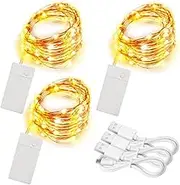 Soltuus 3 Pack Rechargeable 10ft 30 LED String Fairy Lights 4 Modes Copper Wire Starry String Lighting Waterproof Micro Firefly Moon Light Warm White Battery and USB Cable Included