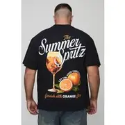 Mens Black Plus Oversized Spritz Print T-Shirt