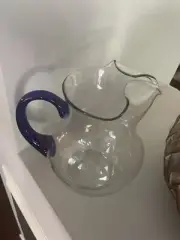 Margarita Glass Pitcher With Blue Handle 9"