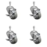 3 Inch SS Gray Polyurethane Wheel Swivel 3/8 Inch Threaded Stem Caster Set Brake