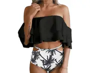 Women Two Piece Swimsuit High Waisted Bikini Off Shoulder Ruffle Bathing Suits - Black