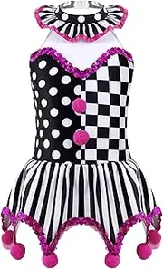 [Aislor] Kids Girls Circus Clown Joker Halloween Cosplay Costume Checkerboard Print Leotard Dress Performance Dancewear