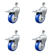 4 Inch SS Blue Polyurethane ½ Inch Threaded Stem Caster Set Total Lock Brake