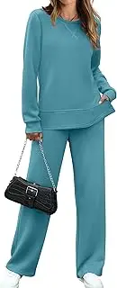 [OFEEFAN] Women's 2 Piece Lounge Set Travel Airport Outfits Side Slit Tracksuit Wide Leg Loungewear Baggy Comfy Sweatsuit S-3XL