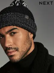 Black/White Textured Lined Bobble Hat (945028) | $13