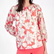 ANNE KLEIN WHITE/ Coral/Beige Floral Printed Ruffled-Neck Blouse Size L BNWT