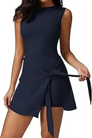 [Ausing] Women's Tennis Dress Sport Dress with Shorts Sleeveless Workout Athletic Dress Backless Lace Up Sport Dress Running Romper Casual Elegant Yoga Dress Golf Exercise Dresses Activewear S-XL
