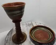 Studio Pottery Earth Tones Goblet Chalice And Dish. Artist Signed.