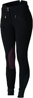 [HORZE] Women's Knitted High Waist Breeches with Deawoo Leather Kneepatch (Black/Dark Red, US 26)