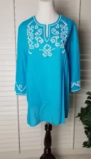 NWT Chicos Linen/Cotton Tunic Top 2/L Turquoise Cerulean Blue Beads 3/4 Sleeve