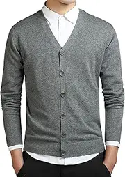 [Qolkmuiy-GJ] Mens Casual Comfortable Fit Open Sweaters Lightweight Button Knitted Cardigans V-Shaped Collar Knitwear Cardigan, Dark Grey, Large