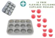 Silicone Muffin Pan - 12 Cup - Grey New Bonus 2pck Muffin Silicone Cups