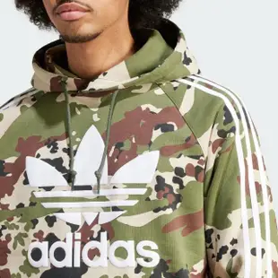 【adidas 愛迪達】上衣 男款 長袖上衣 帽T 運動 三葉草 CAMO HOODIE 綠 IS0209