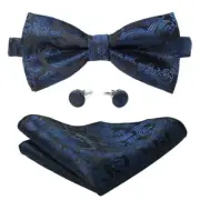 Men Navy Blue Pre-Tied Paisley Bow Ties Pocket Square Cufflinks Bowties Set B...