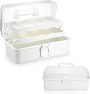 [OGANAZI] OGA 3 Tier Storage Box with Lid, Women's Cosmetic Case, Beige Make-Up Organiser, Suitcase, Multi-Purpose Plastic Sorting Box for Small Parts, Stationery, Jewellery, Beads, Tool 33 x 20 x 14.5 cm