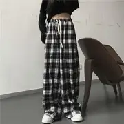 High Rise Plaid Straight-Fit Pants Black - S