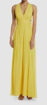 $385 Aidan Mattox Women's Yellow Shirred Silk Chiffon Cutout Gown Dress Size 12