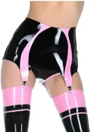 [DAIJES] Latex Gummi Rubber Stocking Suspender Garter Back Black with Pink (No Briefs)
