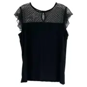 Anne Klein Black Mesh Polka Dot Flutter Sleeve Blouse | Size M
