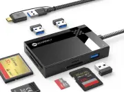 SD Card Reader 7 in 1, WARRKY [Dual Connector USB3.0/USB-C, 2.5FT Nylon Cable]